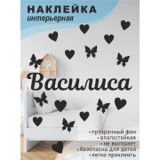 Наклейка интерьерная на стену в детскую/ на мебель/ на шары имя Василиса с сердечками и бабочками, 20*30 см
