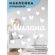 Наклейка интерьерная на стену в детскую/ на мебель/ на шары имя Милана с сердечками и бабочками, 20*30 см